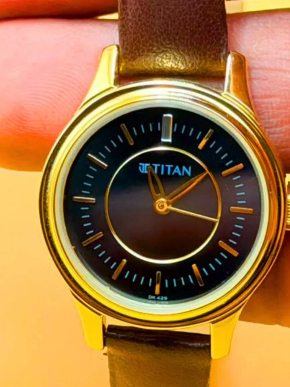 Titan Couple Watch Day Date Champagne Dial Brown Leather Quartz - Unused